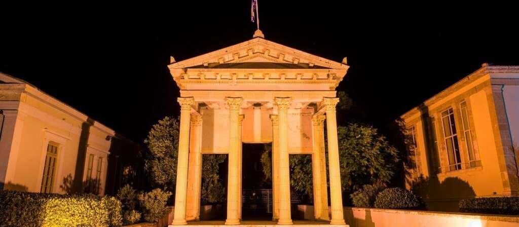 Illuminated civic buildings in Paphos old town